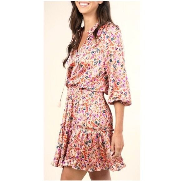 Love stitch Pink Floral Smocked Waist Tiered Ruffle Dress with Tassel Tie Medium - Picture 11 of 12